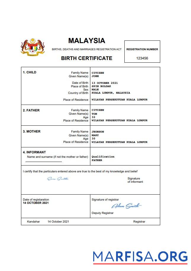 Downloadable Malaysia vital record birth certificate Word and PDF template, completely editable